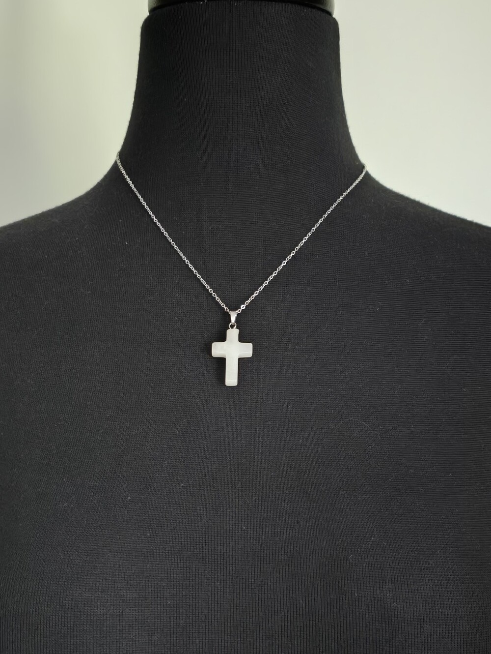White Jade Cross Pendant Silver Tone Necklace